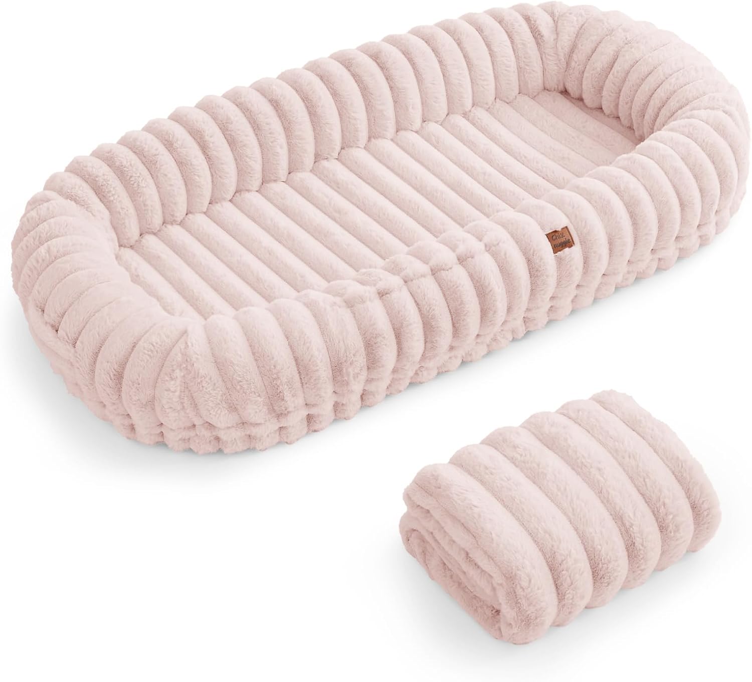 Human Dog Bed for Adult - Luxury Striped Faux Fur Giant Dog Bed with Portable Handle, Egg Orthopedic Foam Pad with Thick Warm Blanket, Pink
