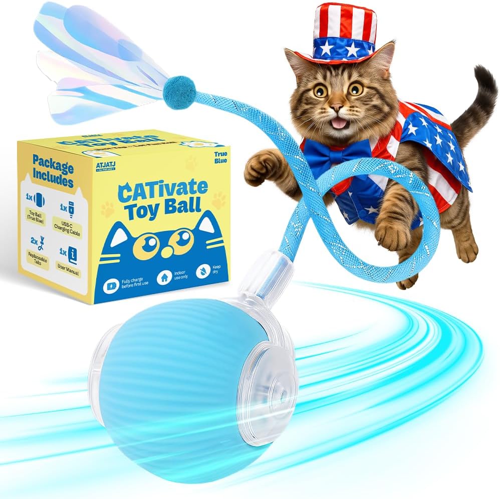 Interactive Cat Balls Toys for Indoor Cats, Automated Smart Ball Cat Toy with Elastic Mesh Tail, 3-Speed Rechargeable Rolling Kitten Toy, Electronic Mental Stimulating Self Play Pet Ball for Fun