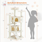54 Inch Cat Tree Tower, Multi-Level with Cat Scratching Post, Indoor Cat Condo with Climbing Ladder, Plush Toy, Play House for Cat, Dove Beige