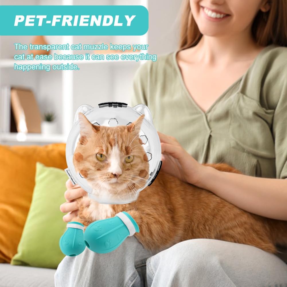 Cat Muzzle for Grooming, Adjustable Breathable Transparent Cat Astronaut Helmet with 4 Silicone Paw Shoes for Bath Nail Trimming