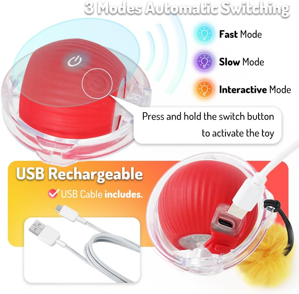 Interactive Cat Toys for Indoor Cats, Automatic Ball Toy Rolling Motion Activates, Hide & Seek Game for cat Play, Rechargeable Bouncing Toy Keeps Kitten Entertained & Not Bored