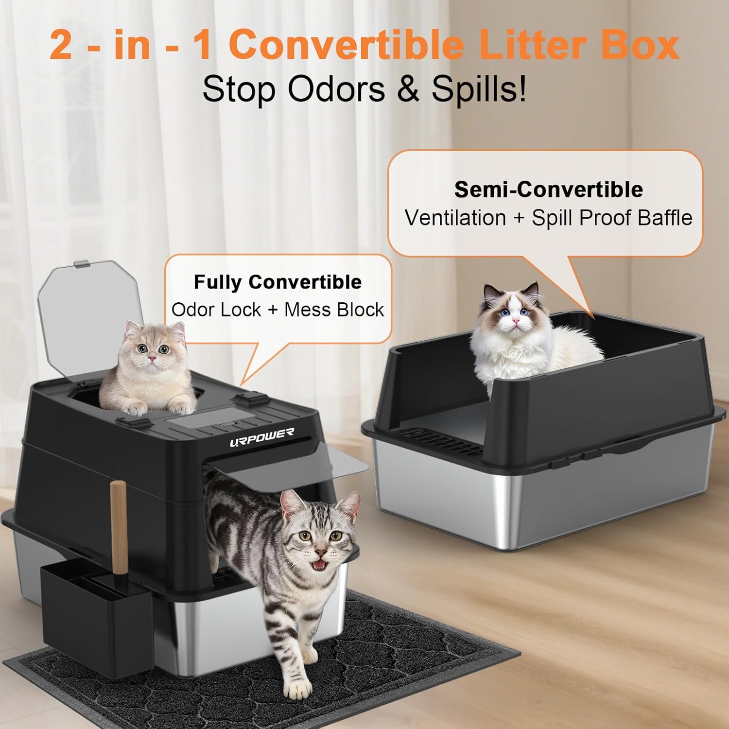 Stainless Steel Cat Litter Box with Lid 110° Flip-Top Extra Large Enclosed Litter Box Non-Sticky Metal Pan with High Sided & Scoop, Odor Free, Front & Top Entry, Anti-Leakage, Easy Cleaning