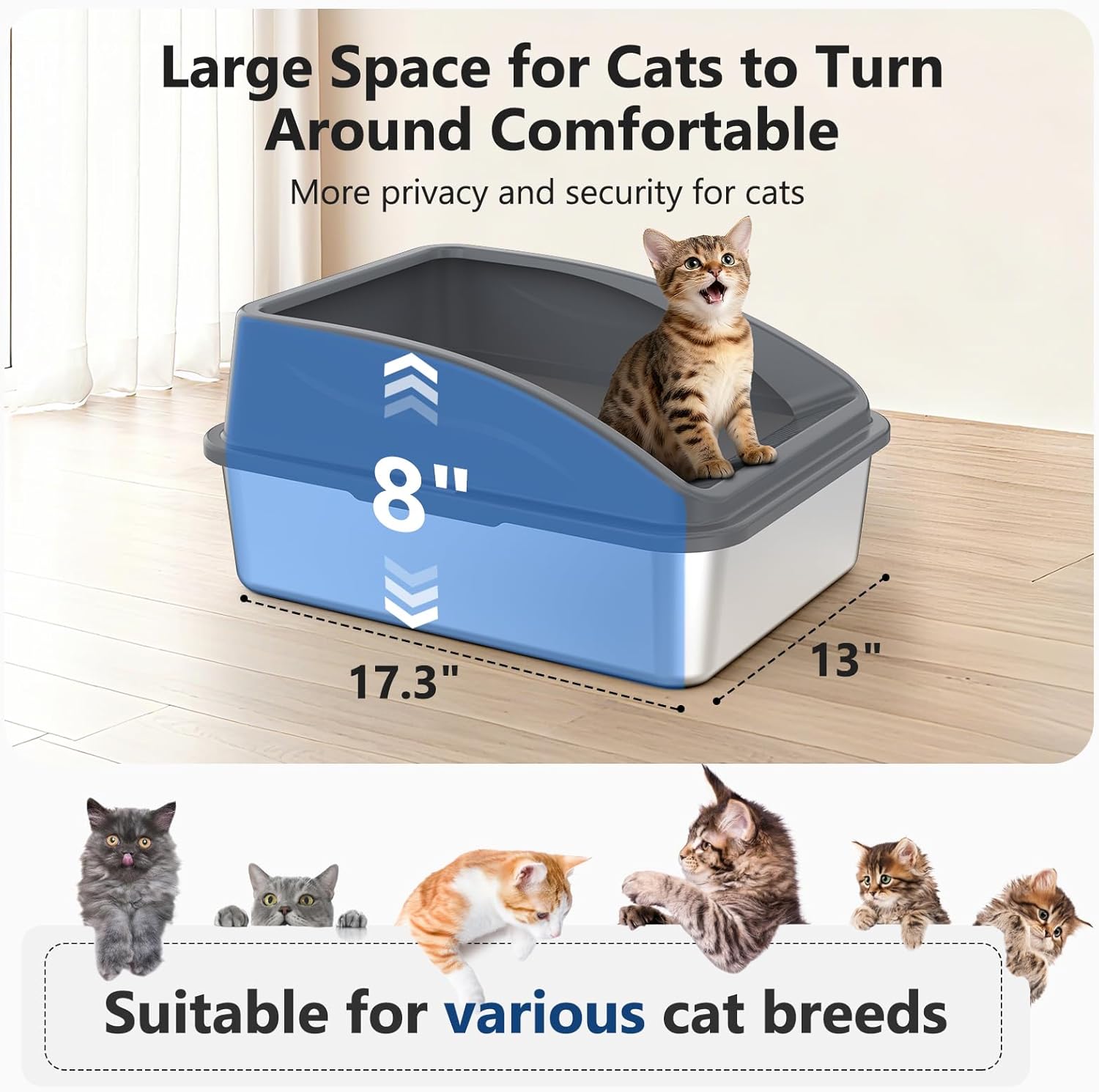 Steel Litter Box, Metal Kitty Litter Box with Scoop, Anti-Leakage Top Entry, Non-Sticky, Easy to Clean