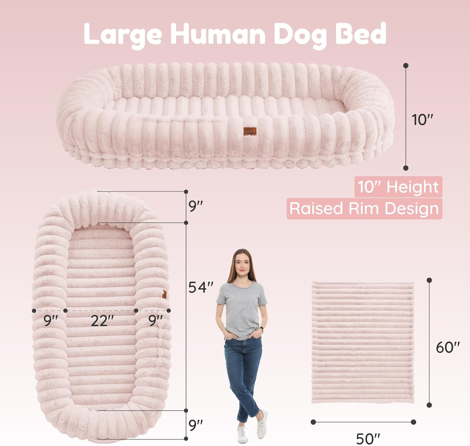 Human Dog Bed for Adult - Luxury Striped Faux Fur Giant Dog Bed with Portable Handle, Egg Orthopedic Foam Pad with Thick Warm Blanket, Pink