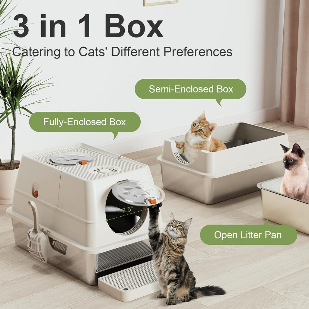 Steel Litter Box with Lid XL Extra Large Litter Box Enclosed Top Entry Metal Litterbox for Big Cats Easy Cleaning Less Leakage & High Sided with Mat Aisle & Scoop
