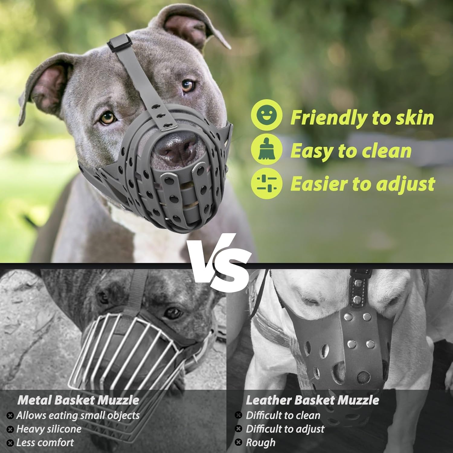 Pitbull Muzzle, Lightweight Basket Muzzle for Large Medium Dogs Rottweiler Amstaff to Prevent Biting Eating, Safe for Grooming Vet Visits Training, Allows to Pant Drink, Adjustable & Sturdy