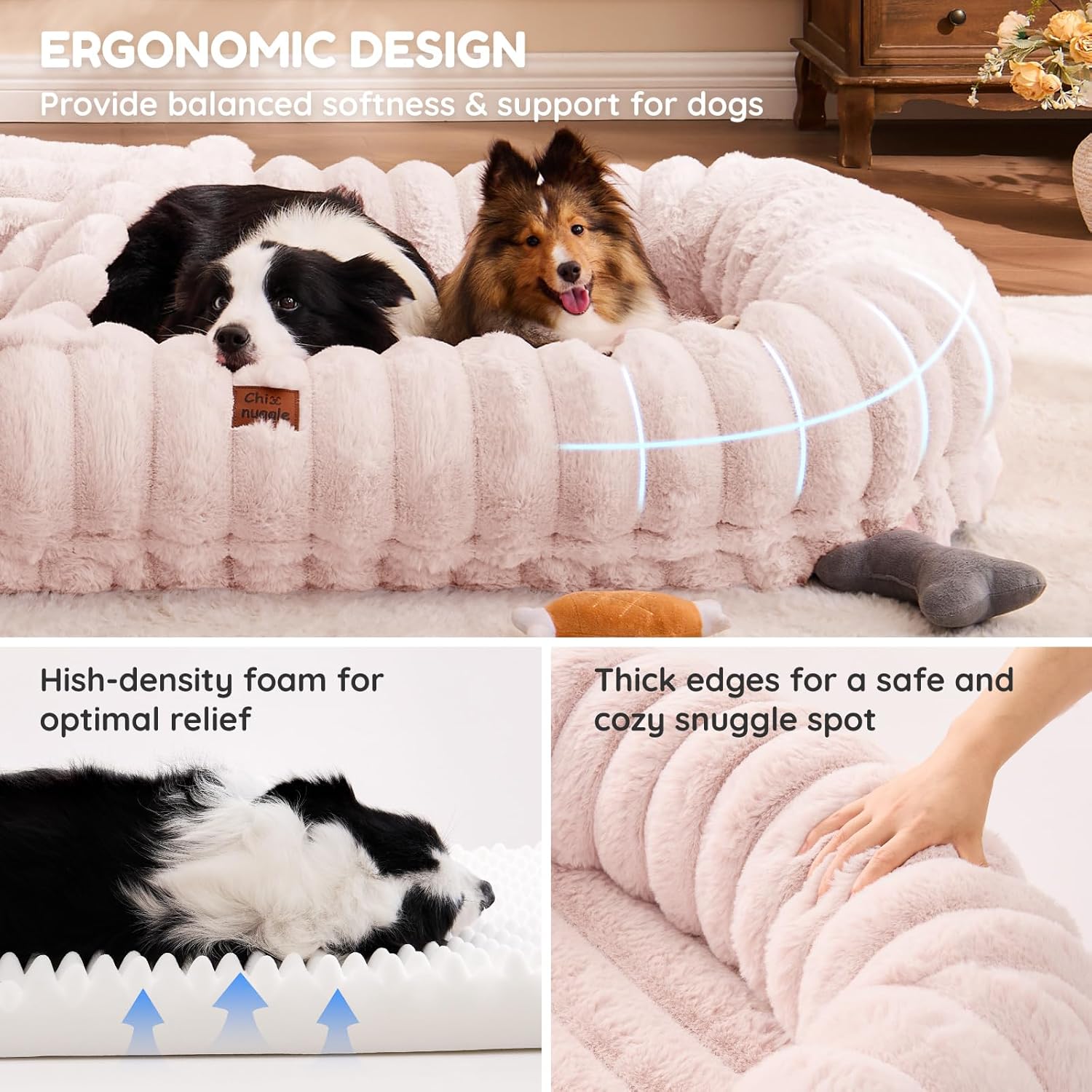 Human Dog Bed for Adult - Luxury Striped Faux Fur Giant Dog Bed with Portable Handle, Egg Orthopedic Foam Pad with Thick Warm Blanket, Pink