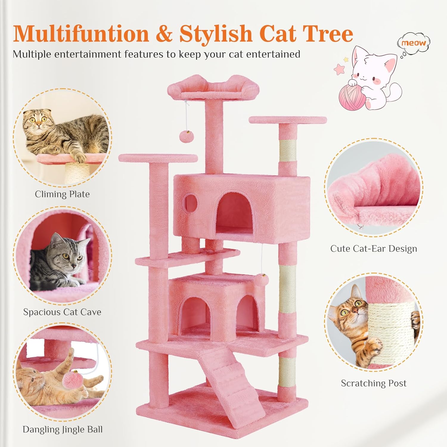 54 Inch Cat Tree Tower, Multi-Level with Cat Scratching Post, Indoor Cat Condo with Climbing Ladder, Plush Toy, Play House for Cat, Pink