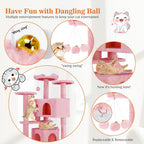54 Inch Cat Tree Tower, Multi-Level with Cat Scratching Post, Indoor Cat Condo with Climbing Ladder, Plush Toy, Play House for Cat, Pink