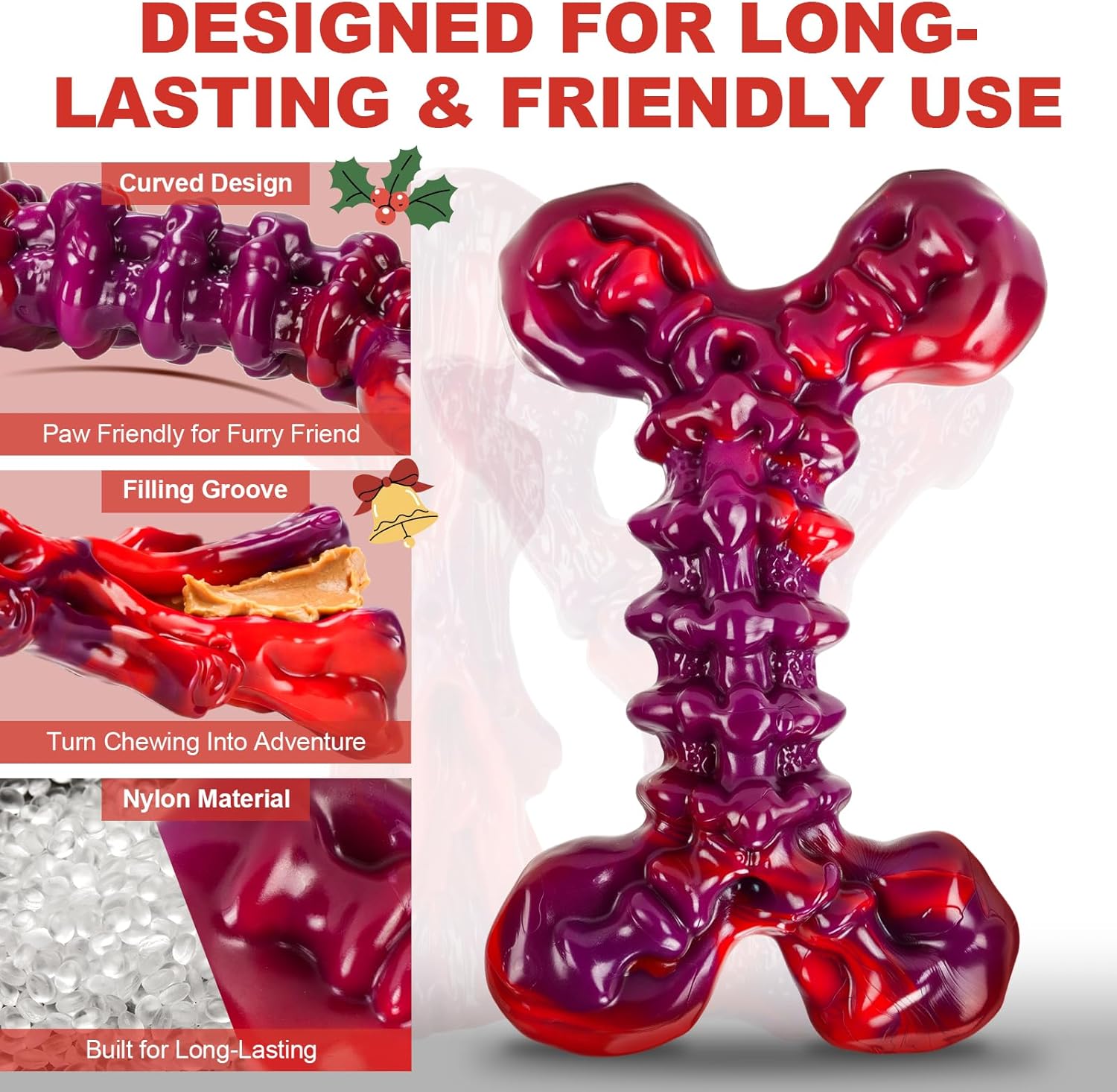 Indestructible Dog Toys for Aggressive Chewers 3-Pack: Tough Nylon Chew Toys for Medium & Large Dogs 25–80 lbs, Beef Flavor, Heavy-Duty Dog Chew Bone, Holiday Dog Gift (Red)