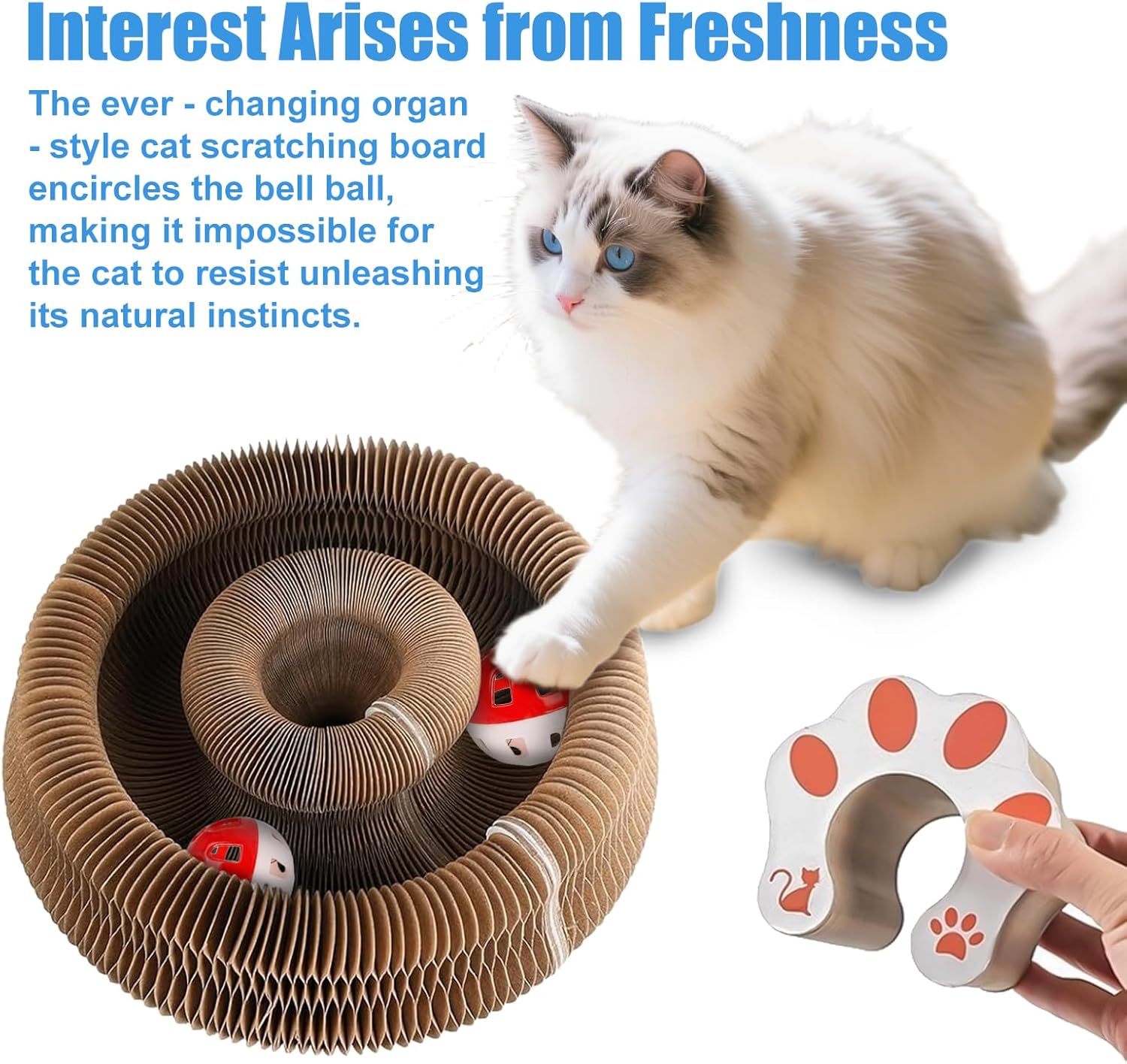 2-Pack Kitty Kurls Cat Scratcher – Foldable Magic Organ Cat Scratcher Board, Reversible Corrugated Cardboard Kitty Scratching Toy with 2 Bell Balls for Indoor Exercise