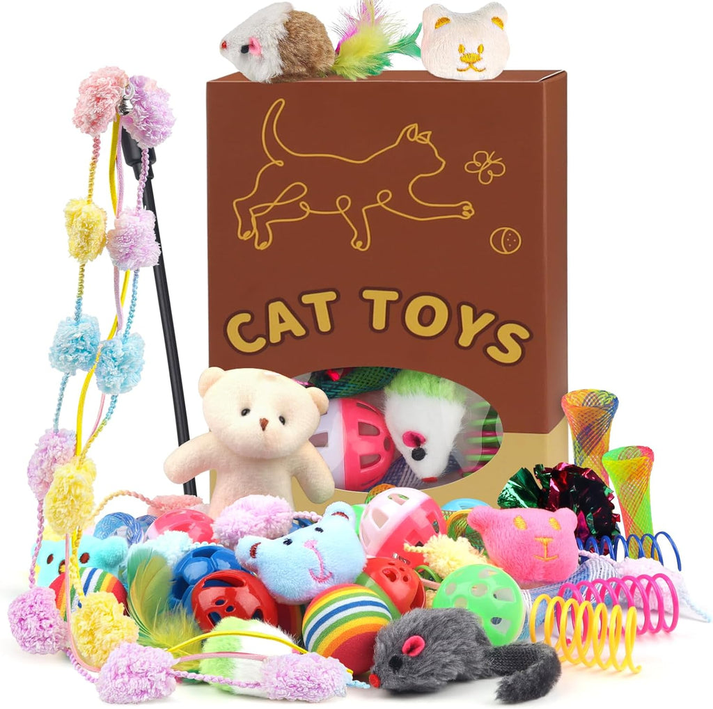 30 Pcs Cat Toy Kitten Toys Set, Interactive Cat Toy Wand Cat Springs Ball Toy with Bells, Cat Toys for Bored Indoor Cats, Gift Box Styles