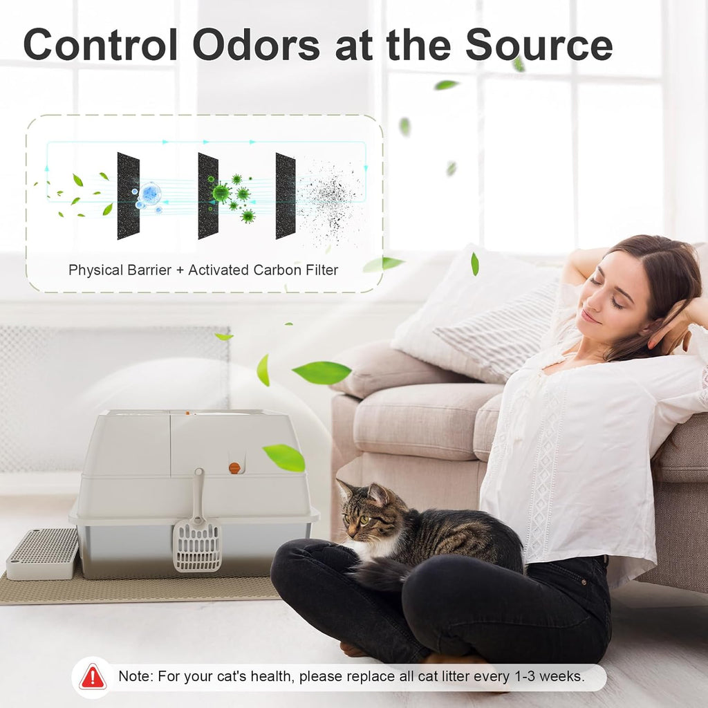 Steel Litter Box with Lid XL Extra Large Litter Box Enclosed Top Entry Metal Litterbox for Big Cats Easy Cleaning Less Leakage & High Sided with Mat Aisle & Scoop