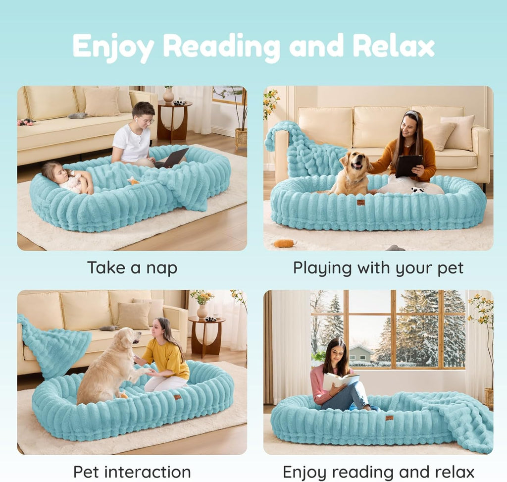 Human Dog Bed for Adult - Luxury Striped Faux Fur Giant Dog Bed with Portable Handle, Egg Orthopedic Foam Pad with Thick Blanket,Blue