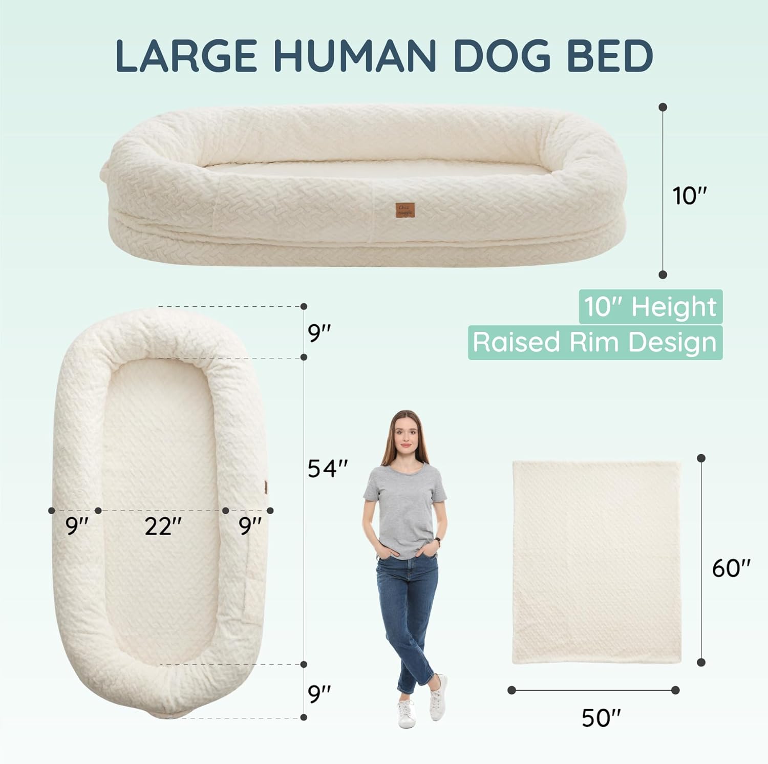 Human Dog Bed for Adult - Luxury Faux Fur Giant Size Dog Bed with Portable Handle, Egg Orthopedic Foam Bed with Blanket Ivory White