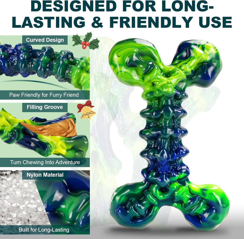 Indestructible Dog Chew Toys for Aggressive Chewers: 3-Pack Peanut Butter Nylon Chew Bones for Medium & Large Dogs 25–80 lbs, Tough Chewable Shapes, Long-Lasting Holiday Dog Gift (Green)