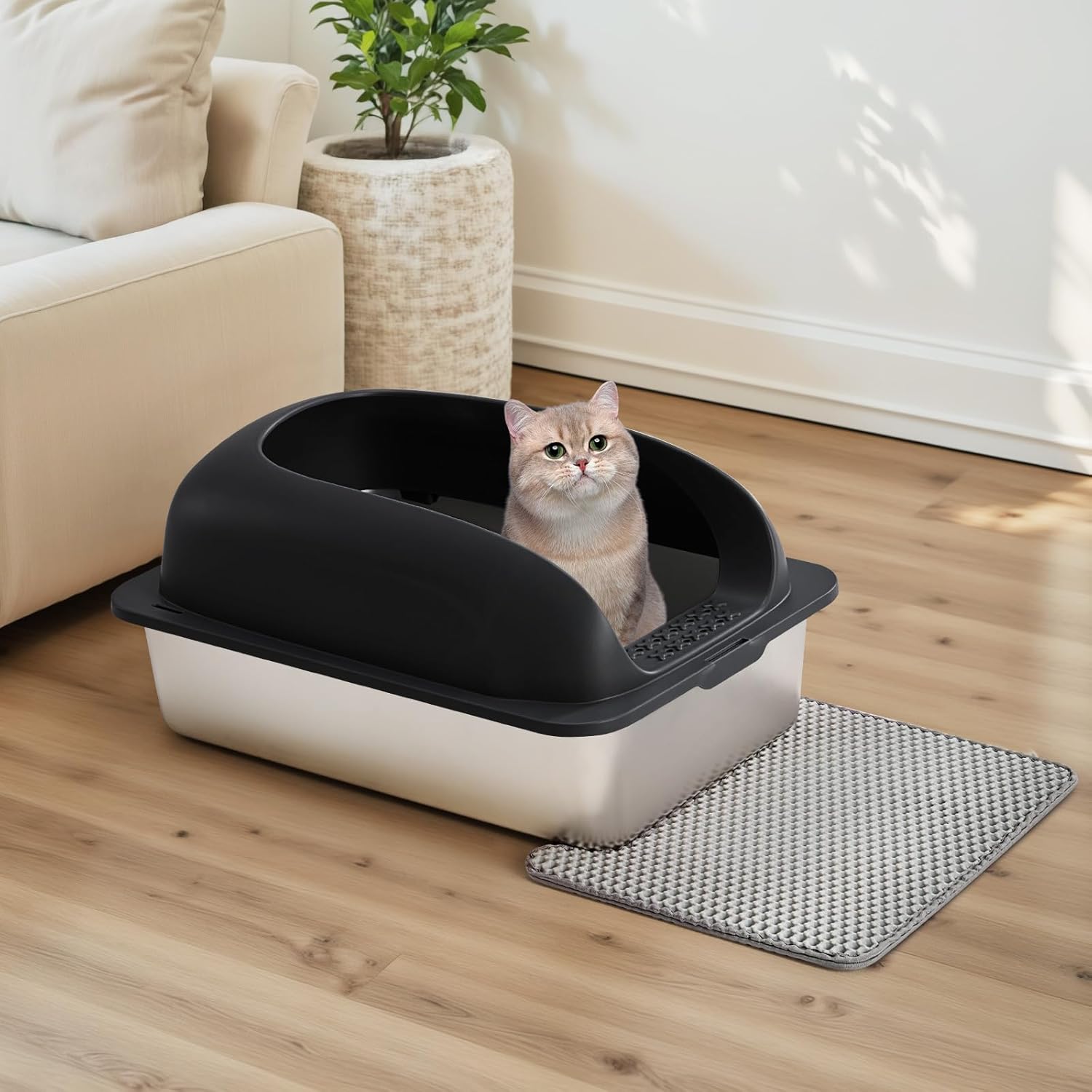 Stainless Steel Cat Litter Box with Lid, Large Cat Litter Box for Big Cats, High Wall Sides, Anti-Urine Leakage, Easy Cleaning, Scoop and Mat Included, Black