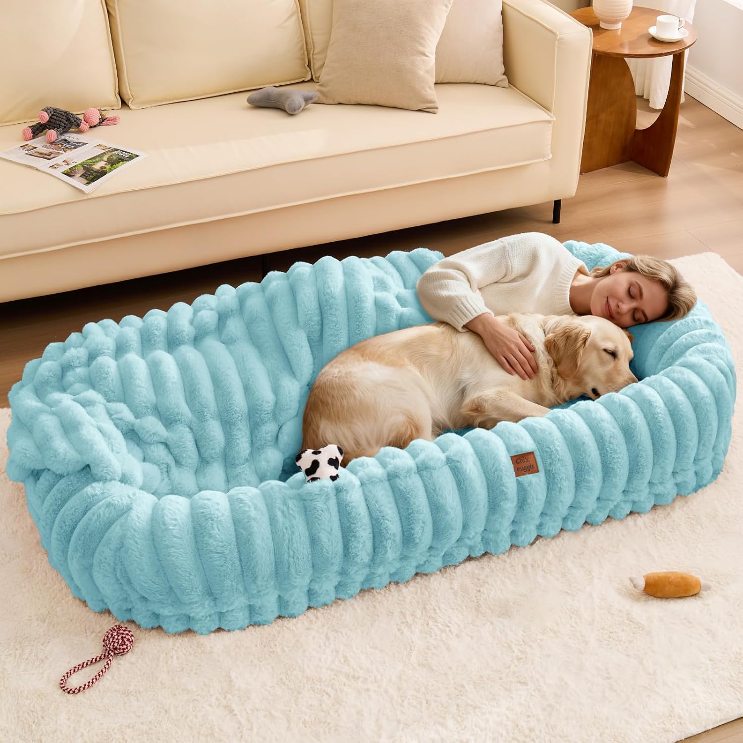 Human Dog Bed for Adult - Luxury Striped Faux Fur Giant Dog Bed with Portable Handle, Egg Orthopedic Foam Pad with Thick Blanket,Blue