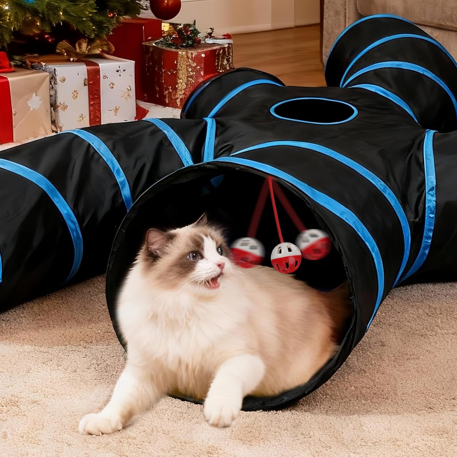 Cat Tunnels for Indoor Cats, Pet Tube Toy with Bell Ball and Toy Mouse, S-Shape Collapsible Tunnel with Interactive Hole for Kitty, Kitten, Rabbit, Puppy (Blue&Black)