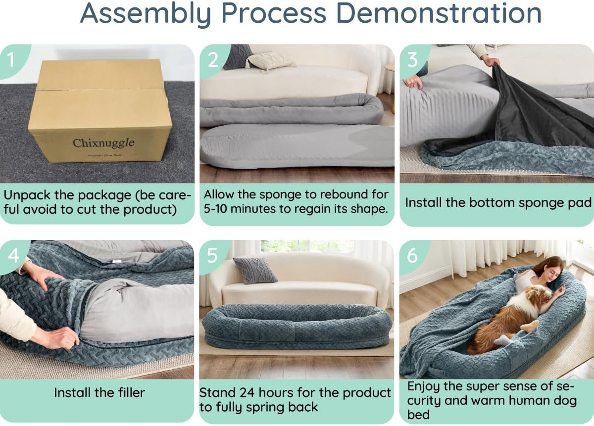 Click to see full view      3+  7 VIDEOS Human Dog Bed for Adult - Luxury Faux Fur Giant Size Dog Bed with Portable Handle, Egg Orthopedic Foam Bed with BlanketGrayish Blue