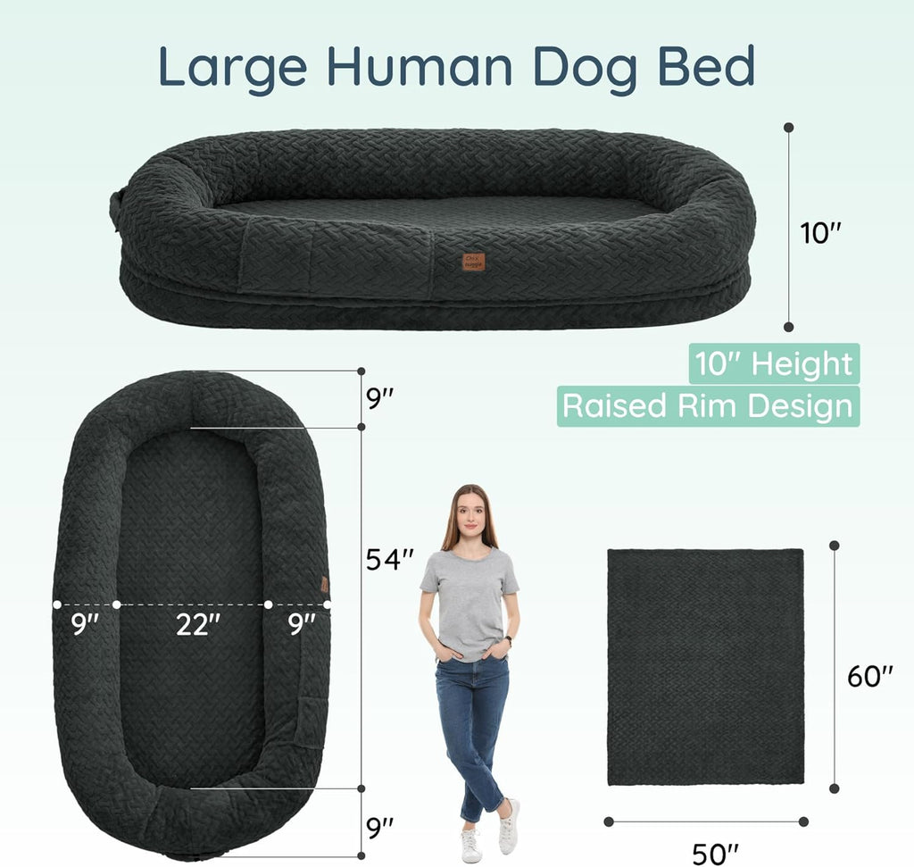 Human Dog Bed for Adult - Luxury Faux Fur Giant Size Dog Bed with Portable Handle, Egg Orthopedic Foam with Blanket,, Dark Grey