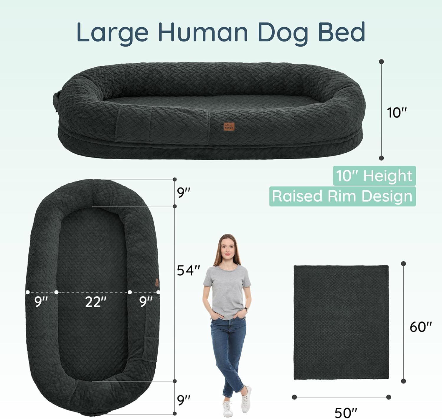 Human Dog Bed for Adult - Luxury Faux Fur Giant Size Dog Bed with Portable Handle, Egg Orthopedic Foam with Blanket,, Dark Grey