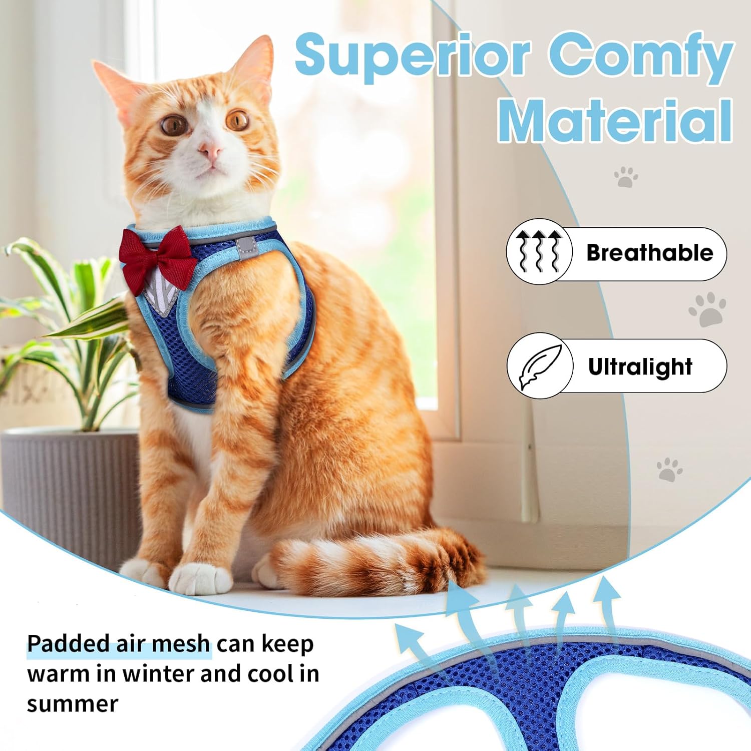 Cat Vest Harness and Leash Set for Walking Escape Proof, Adjustable Kitten Harness Breathable Mesh with Reflective Strips Harness for Kitty Puppy Bunny