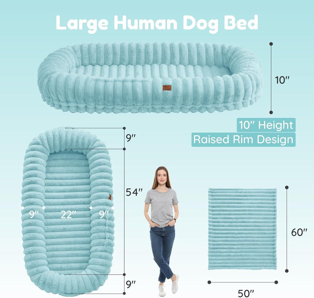 Human Dog Bed for Adult - Luxury Striped Faux Fur Giant Dog Bed with Portable Handle, Egg Orthopedic Foam Pad with Thick Blanket,Blue