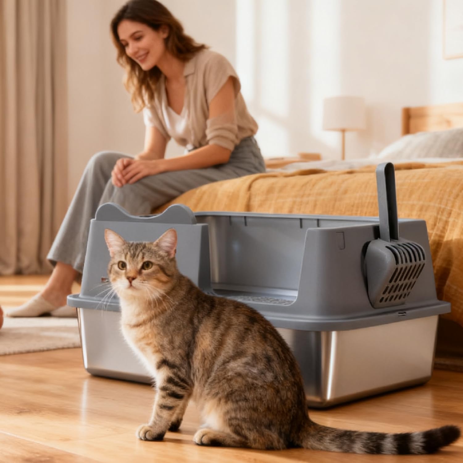 Cat Litter Box, Open Top High-Sided Metal Litter Box with Scoop, Extra Large Litter Boxes for Kitty Kitten and Big Cats, Anti-Urine Leakage, Non-Sticky, Easy to Clean (Grey)