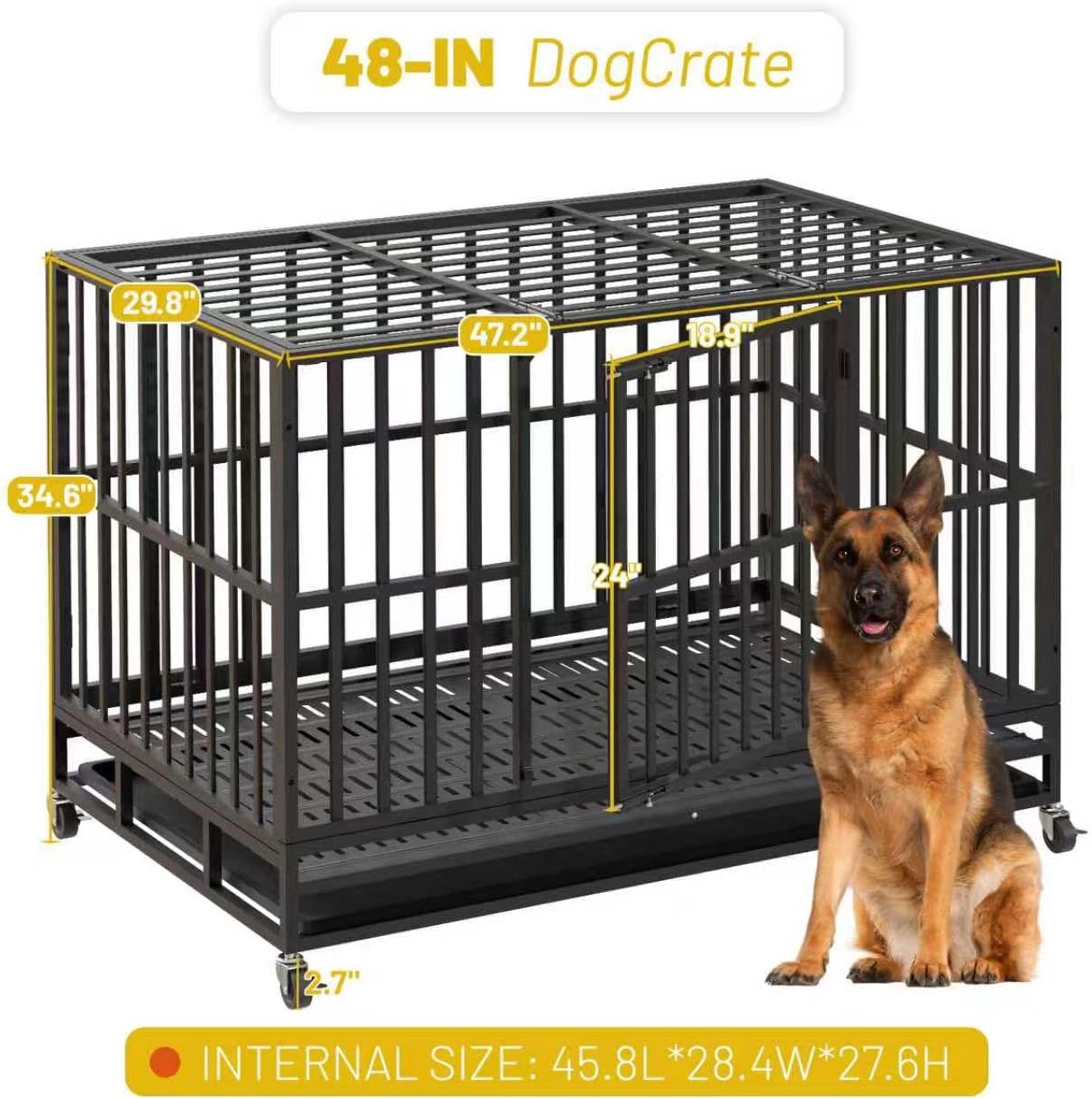 Heavy-Duty Steel Dog Crate with Wheels – Double Door (48")