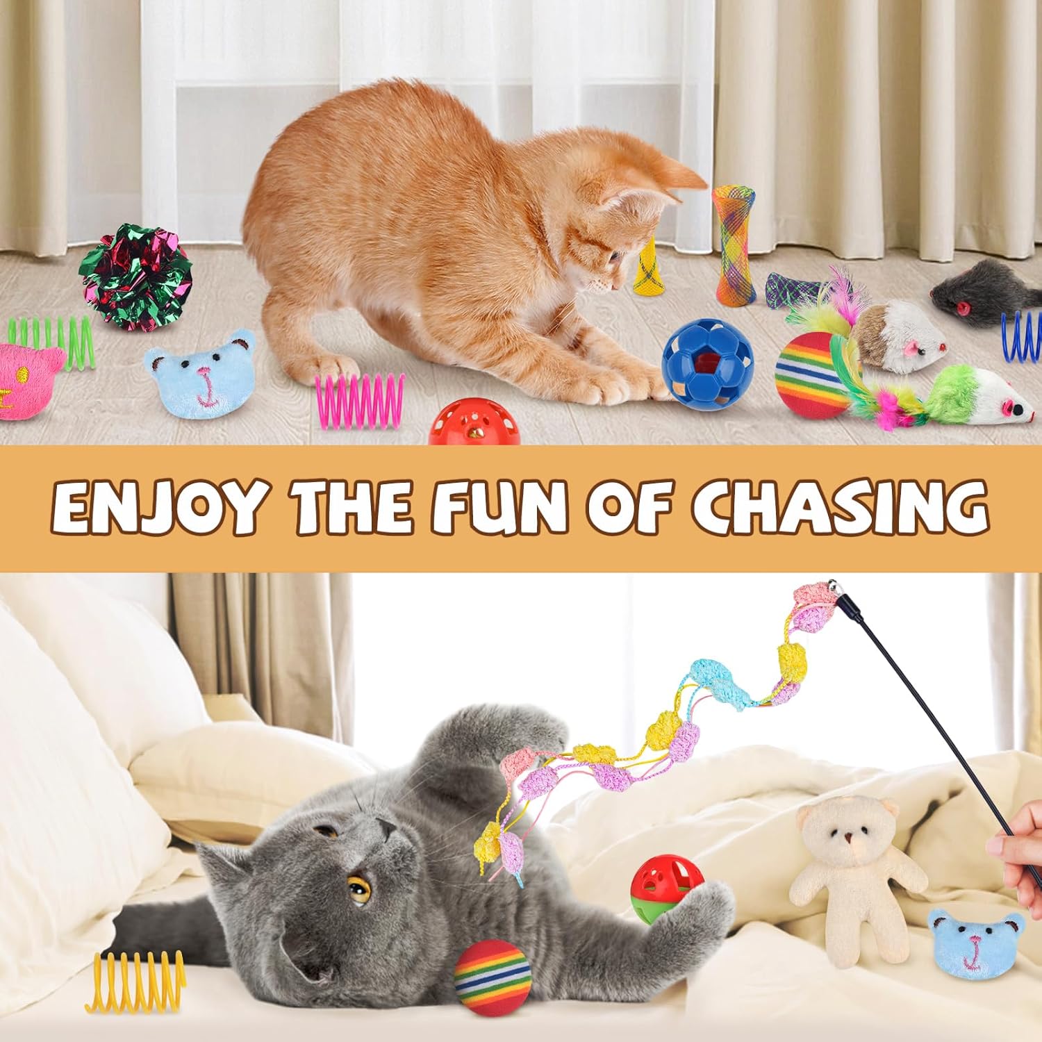 30 Pcs Cat Toy Kitten Toys Set, Interactive Cat Toy Wand Cat Springs Ball Toy with Bells, Cat Toys for Bored Indoor Cats, Gift Box Styles
