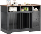 Dog Crate Furniture, Farmhouse Heavy Duty Dog Kennel with Bowl & Storage Drawers, Medium Dog Cage End Table for Small Medium Dogs, Black