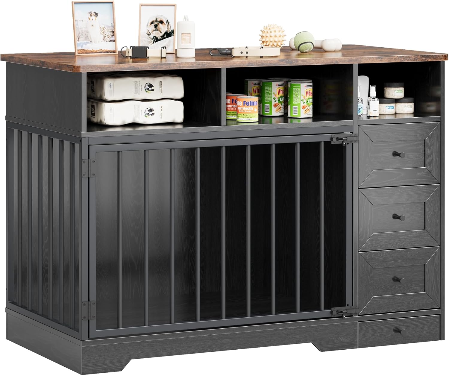 Dog Crate Furniture, Farmhouse Heavy Duty Dog Kennel with Bowl & Storage Drawers, Medium Dog Cage End Table for Small Medium Dogs, Black