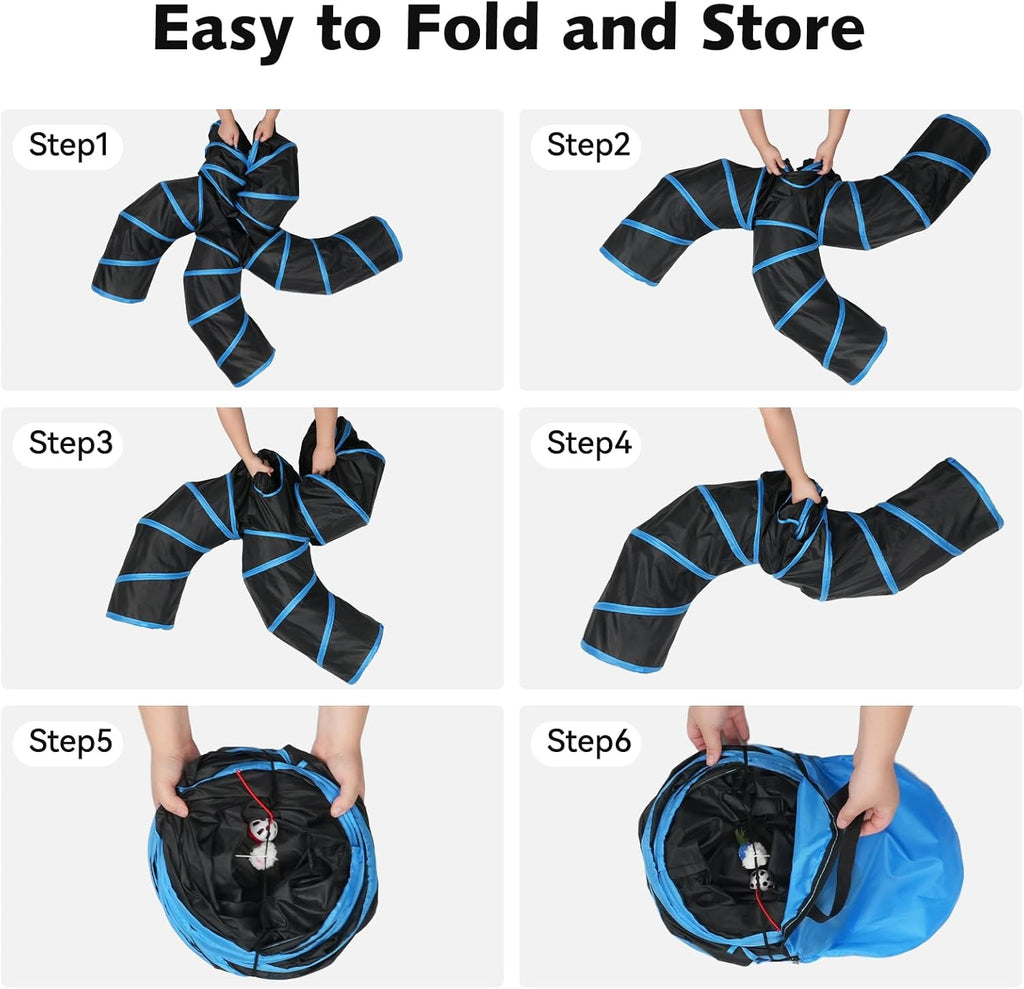 Cat Tunnels for Indoor Cats, Pet Tube Toy with Bell Ball and Toy Mouse, S-Shape Collapsible Tunnel with Interactive Hole for Kitty, Kitten, Rabbit, Puppy (Blue&Black)