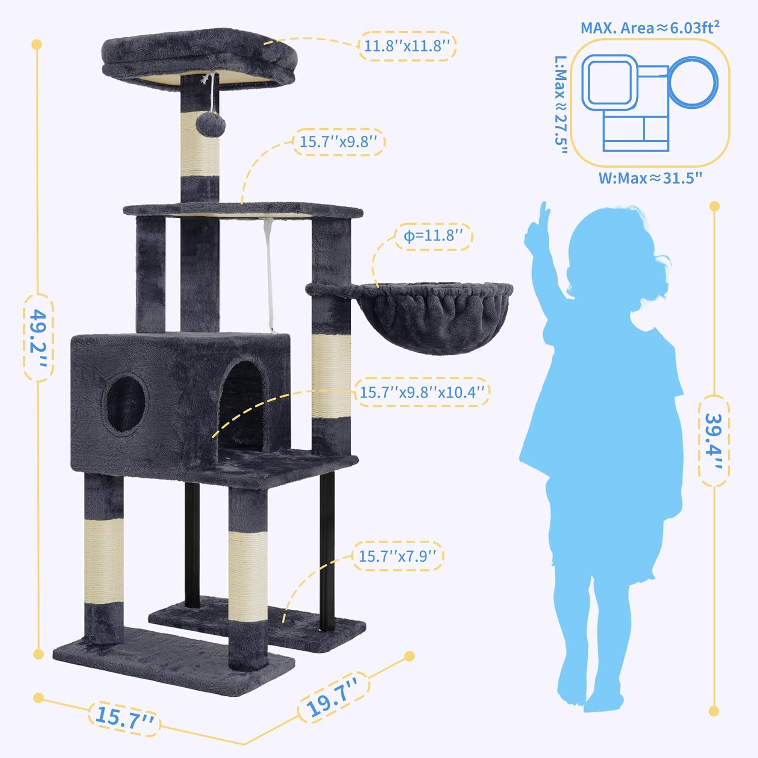 Cat Tree, 49.2 Inches Cat Tower for Indoor Cats, Spacious Cat House Condo with Hidden Space，Sturdy Steel Tube，Soft Plush Top Perch，Cozy Hammock and Sisal Scratching Posts, Smoky Gray