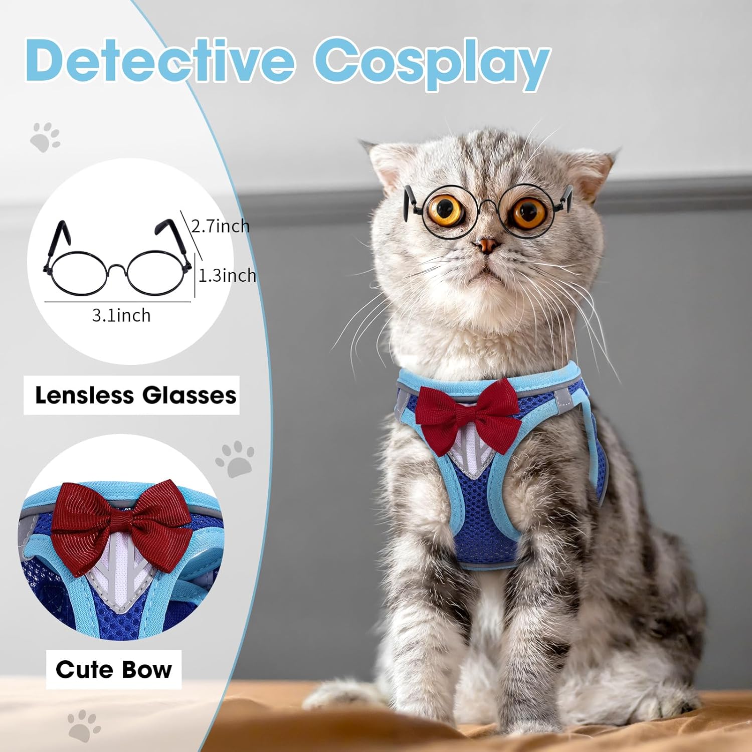 Cat Vest Harness and Leash Set for Walking Escape Proof, Adjustable Kitten Harness Breathable Mesh with Reflective Strips Harness for Kitty Puppy Bunny