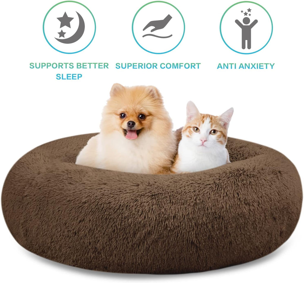 Plush Calming Donut Dog Beds for Small Dogs, Medium, Large & X-Large Breeds, Comfy Cuddler Dog Bed and Cat Bed in Faux Fur, Washable, Multiple Sizes S-XXL