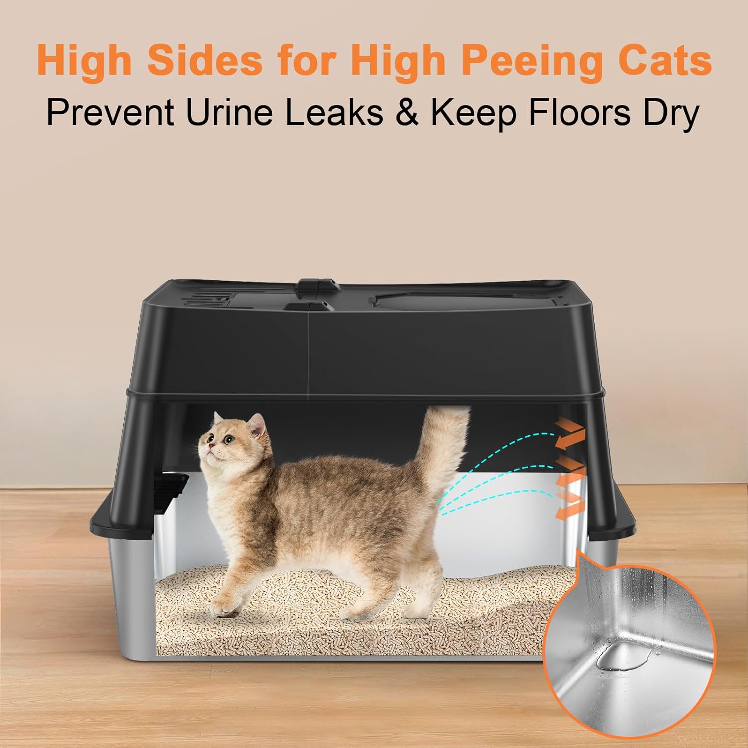 Stainless Steel Cat Litter Box with Lid 110° Flip-Top Extra Large Enclosed Litter Box Non-Sticky Metal Pan with High Sided & Scoop, Odor Free, Front & Top Entry, Anti-Leakage, Easy Cleaning