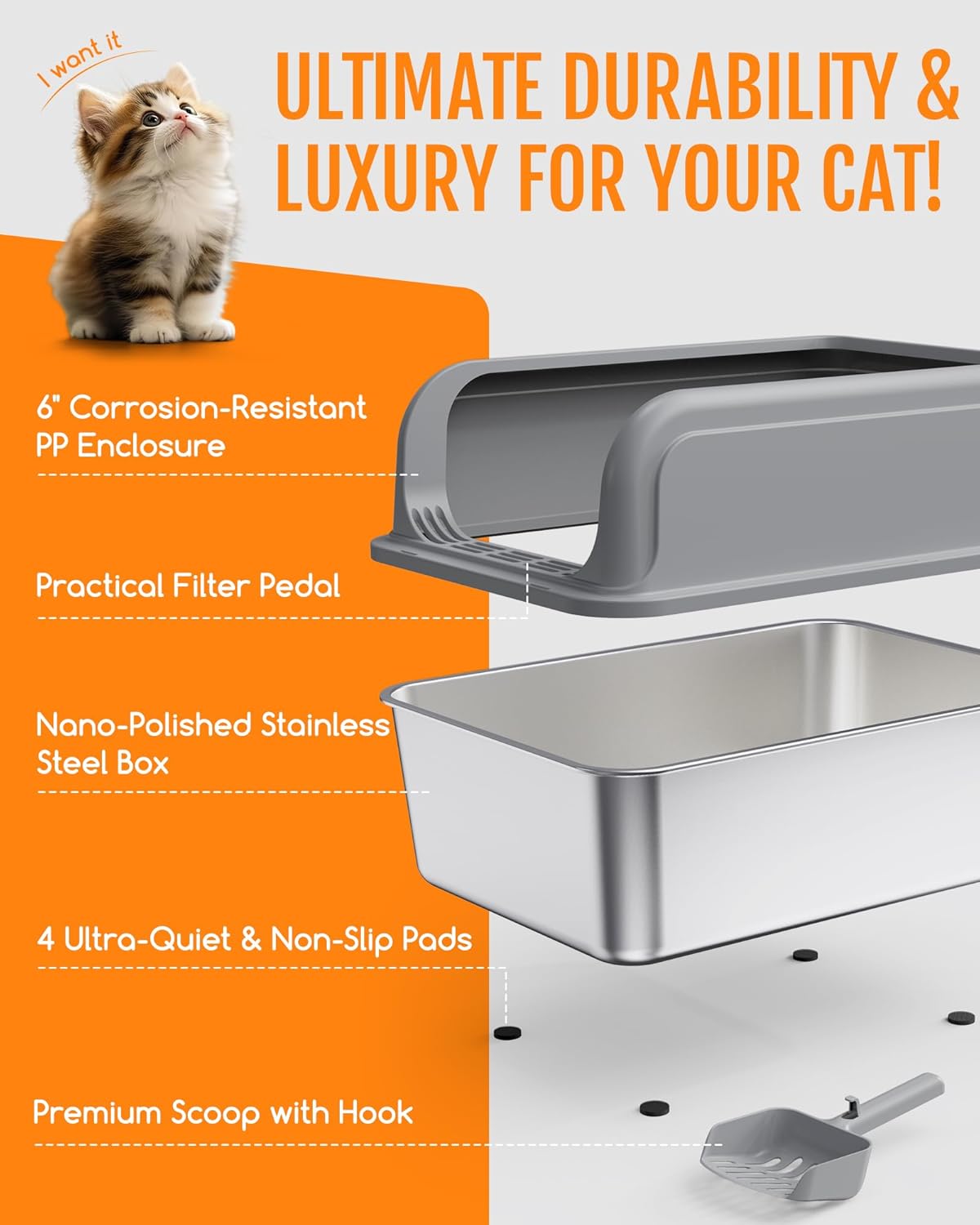 Stainless Steel Cat Litter Box | Easy Clean, Non-Stick, Anti-Leakage, Metal Litter Box with Scoop for Kittens, Grey, 2 PackStainless Steel Cat Litter Box | Easy Clean, Non-Stick, Anti-Leakage, Metal Litter Box with Scoop for Kittens, Grey,