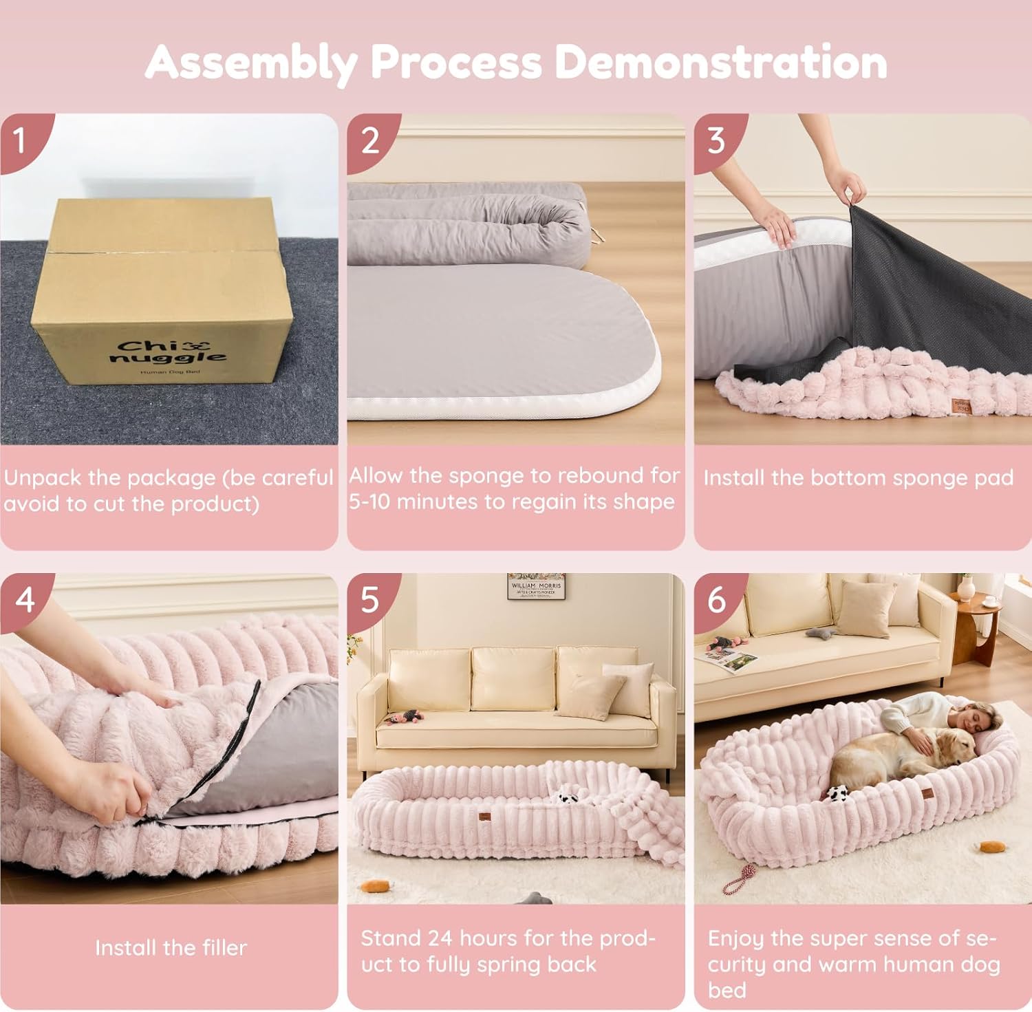 Human Dog Bed for Adult - Luxury Striped Faux Fur Giant Dog Bed with Portable Handle, Egg Orthopedic Foam Pad with Thick Warm Blanket, Pink