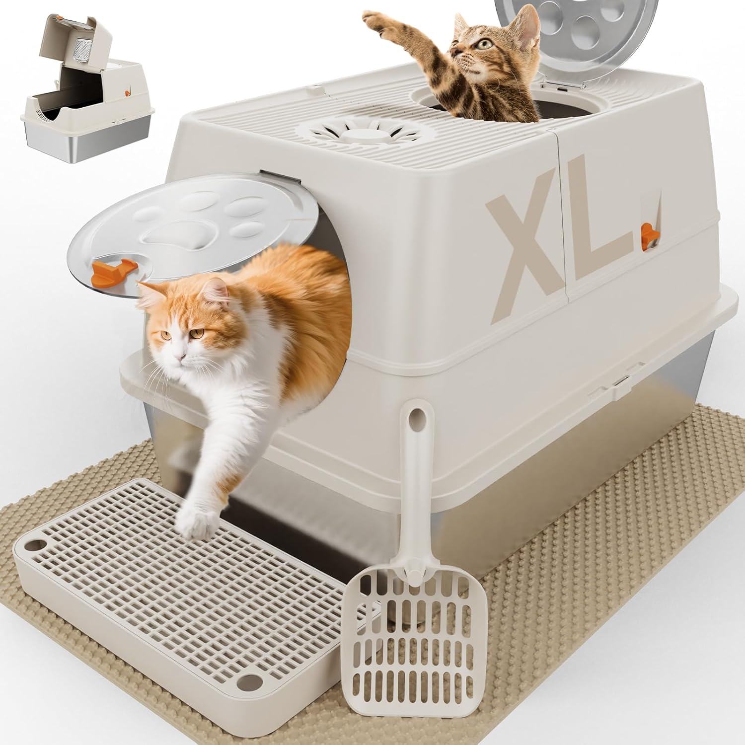 Steel Litter Box with Lid XL Extra Large Litter Box Enclosed Top Entry Metal Litterbox for Big Cats Easy Cleaning Less Leakage & High Sided with Mat Aisle & Scoop