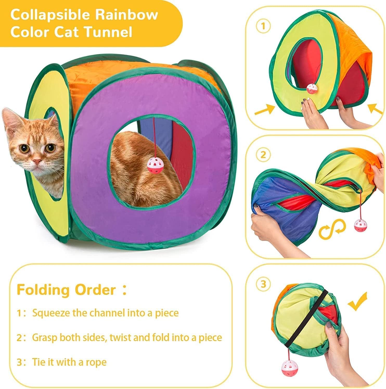 Cat Tunnel with Play Ball, Interactive Peek-a-Boo Cat Toys Tube Toy, Colorful Cube