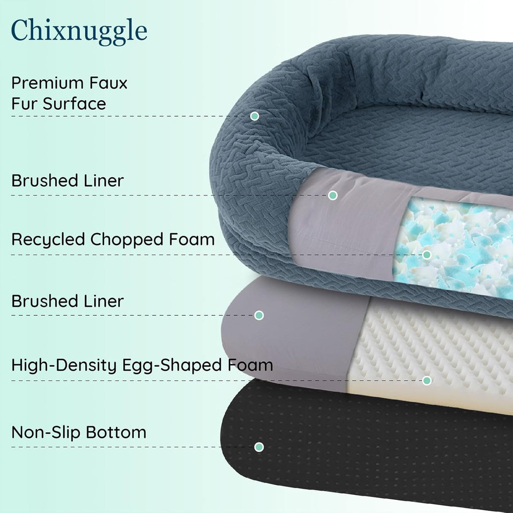 Click to see full view      3+  7 VIDEOS Human Dog Bed for Adult - Luxury Faux Fur Giant Size Dog Bed with Portable Handle, Egg Orthopedic Foam Bed with BlanketGrayish Blue