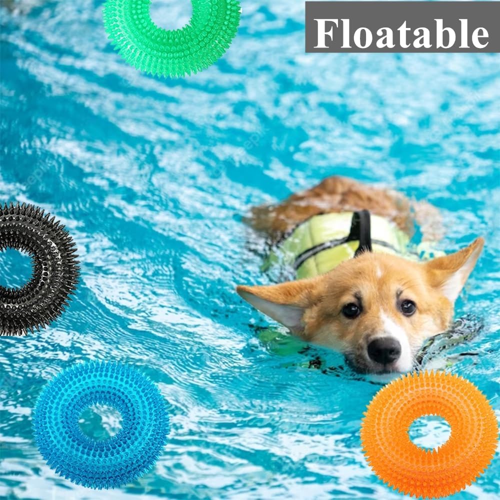 Dog Squeaky Chew Toys for Aggressive Chewers, Small Medium Large Dogs Teeth Cleaning Soft Natural Rubber Float Toy for Indoor Outdoor Water Pool, Donut Ring Design 4.92 inch, Crystal Blue