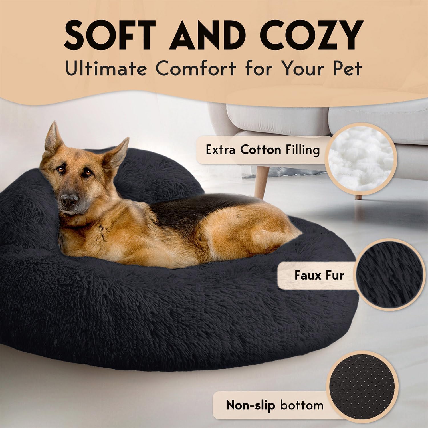 PetJett Calming Dog Beds Large Sized Dog -  Round Bed, Anti-Slip & Washable Super Soft Donut Bed, Fluffy Faux Fur Anti-Anxiety Premium Comfort Pet Bed, Fits Dogs  - Black