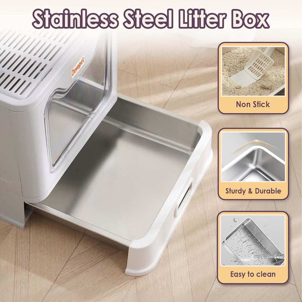 Stainless Steel Cat Litter Box with Lid, Enclosed Cat Litter Boxes, Covered Top Entry Litter Box, Foldable Large Metal Box with Cover