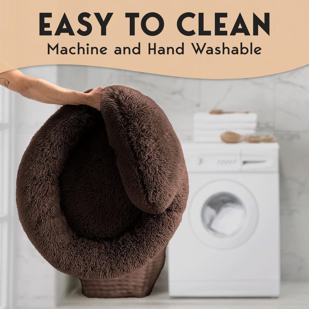 PetJett Calming Dog Bed Medium Size Dog -  Donut Bed, Anti-Slip & Washable Super Soft Fluffy Plush Round Bed, Anti-Anxiety Premium Comfort Pet Bed, Fits Dogs- Brown