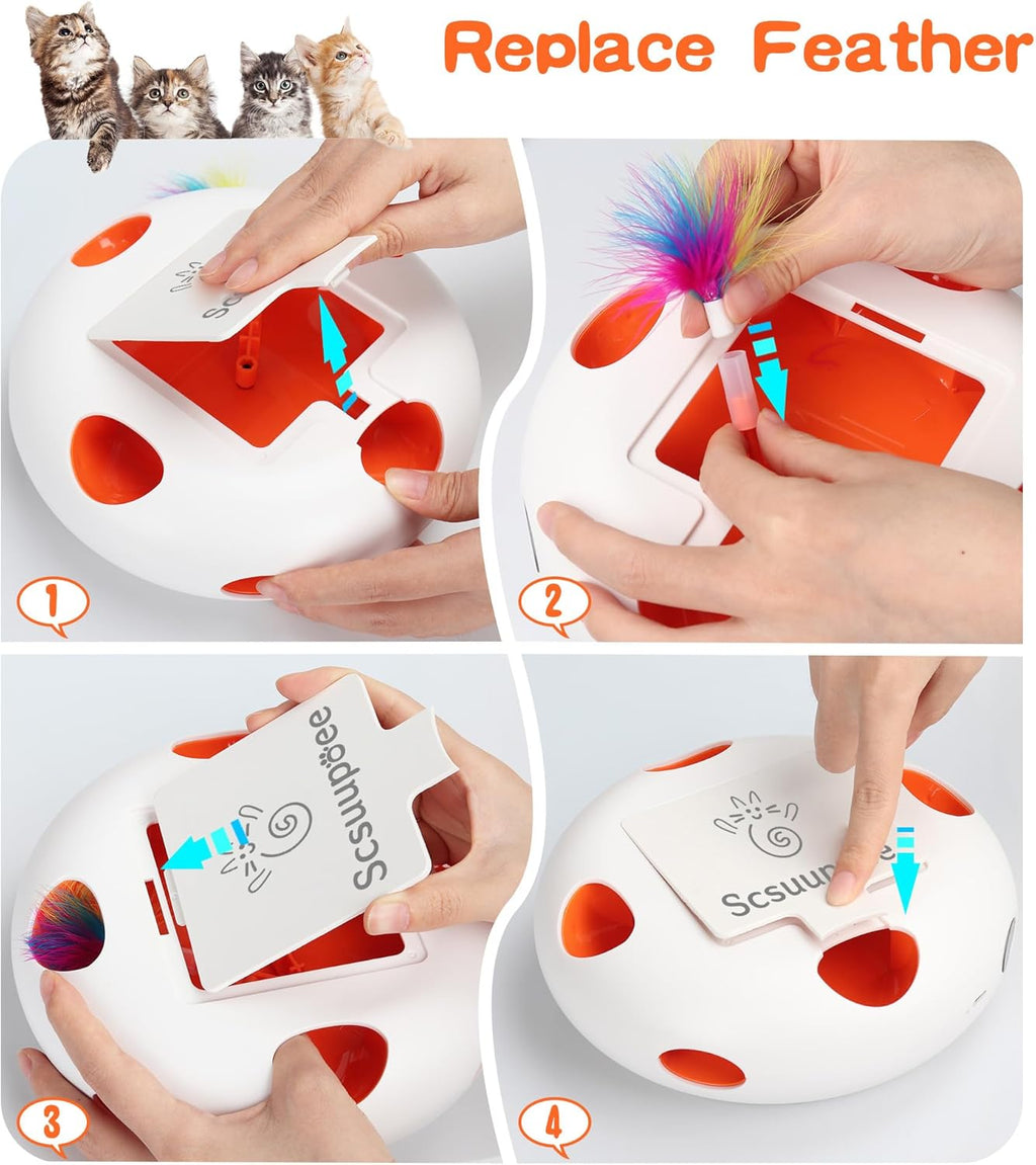 IInteractive Cat Toy, Electric Cat Toys for Moving Concealed Feathers, Smart Sensor 7 Holes Whack a Mole Feather Toy, USB Charge Automatic Kitten Toys,White