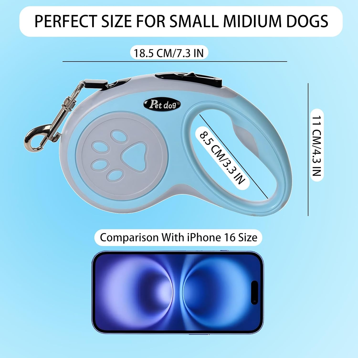 Retractable Dog Leash with One-Hand Brake – 16 ft (Blue)