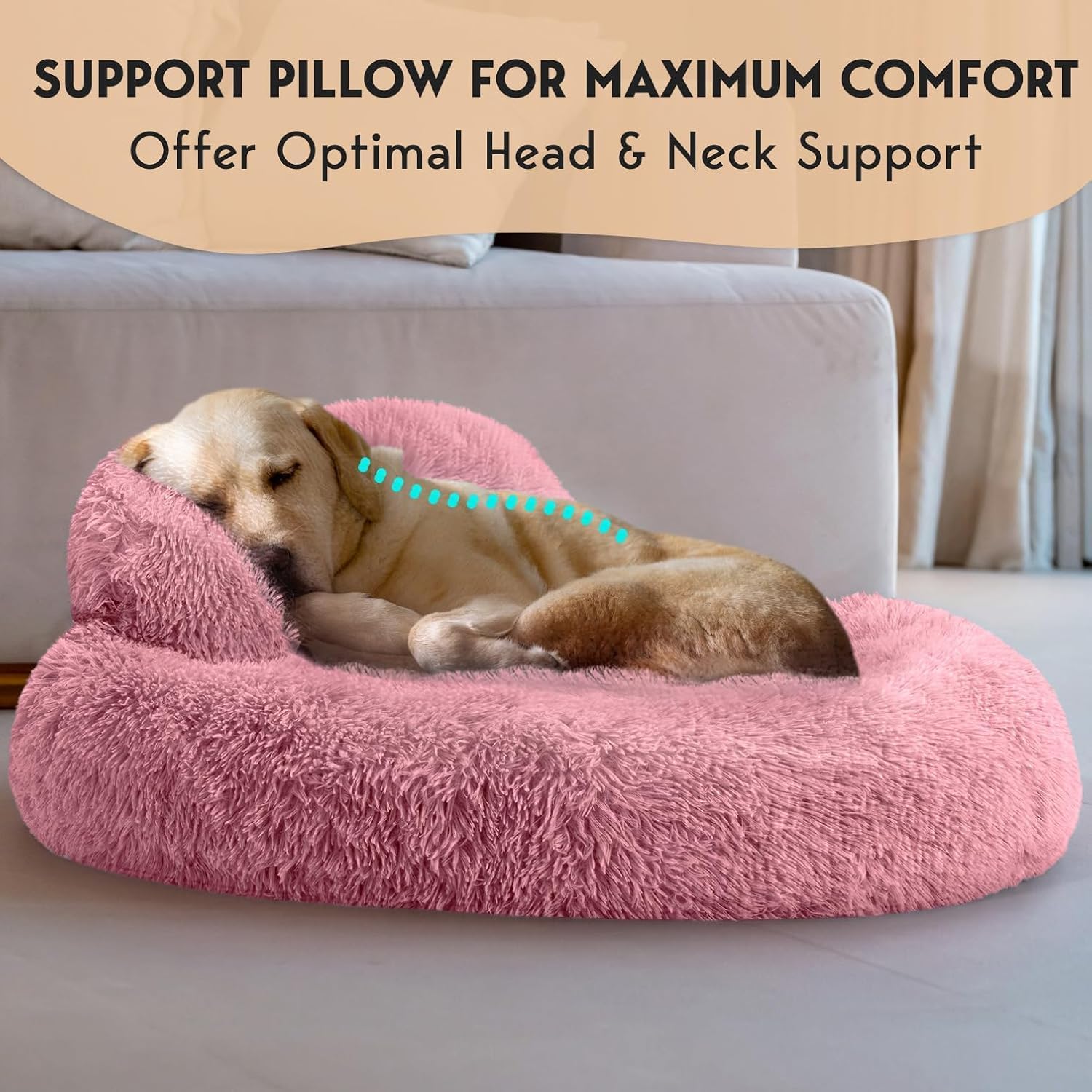 PetJett Calming Large Dog Bed -' Donut Dog Beds, Anti-Slip & Washable Large Round Bed, Fluffy Faux Fur Pet Bed, Super Soft Anti-Anxiety Premium Comfort Bed, Fits Dog - Pink